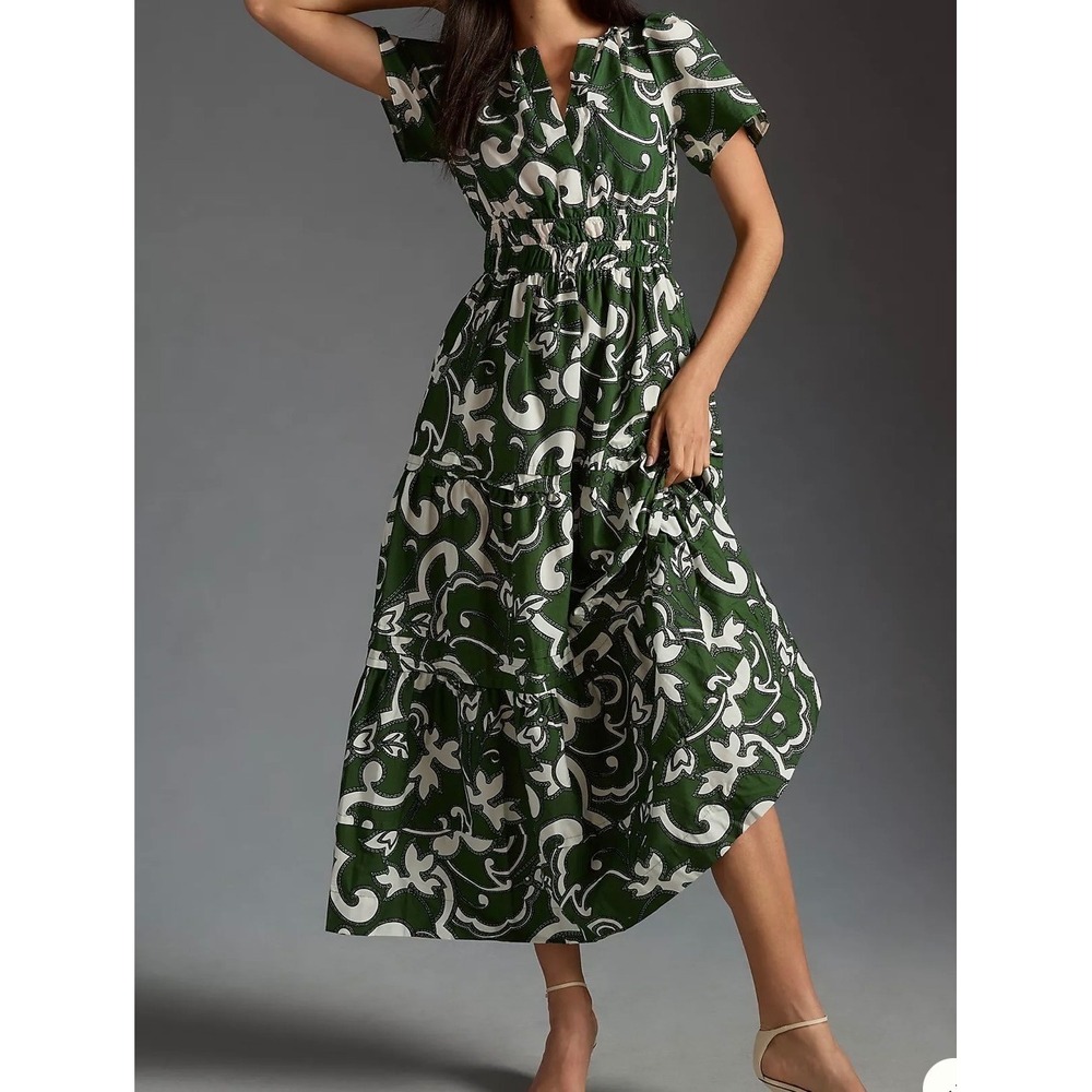 Anthropologie Green Paisley Somerset Tiered Cotton Short Sleeve Maxi Dress Large